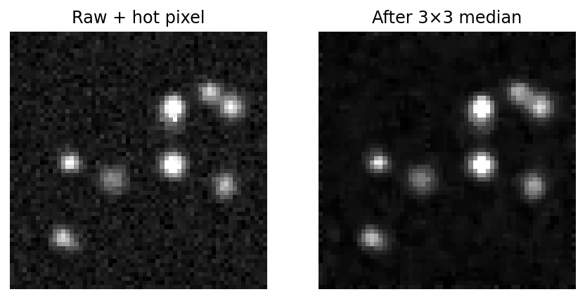 Raw frame with a hot pixel versus the same frame after a 3×3 median filter