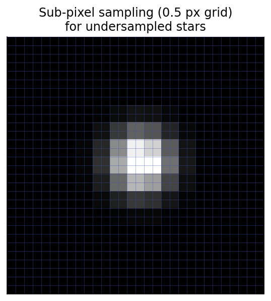An undersampled star with a sub-pixel sampling grid overlaid