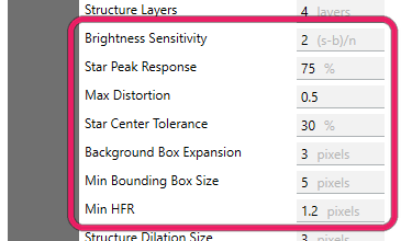 The per-star acceptance gate settings highlighted in the advanced Star Detector list