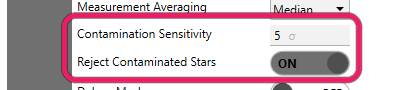 The Contamination Sensitivity and Reject Contaminated Stars settings highlighted in the advanced list