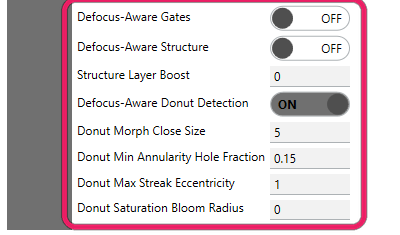 The Defocus-Aware Gates, Defocus-Aware Structure, and Defocus-Aware Donut Detection settings at the bottom of the advanced list