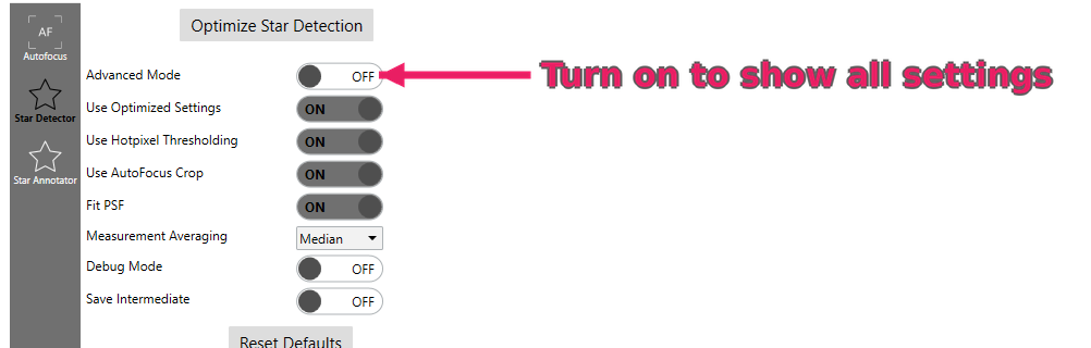 The Advanced Mode toggle at the top of the Star Detector tab, with an arrow pointing to it