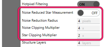 The preprocessing and noise settings highlighted in the advanced Star Detector list