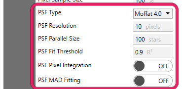 The PSF modeling settings (type, resolution, parallel size, fit threshold) highlighted in the advanced list