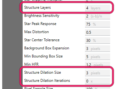 The Structure Layers and Structure Dilation settings highlighted in the advanced list
