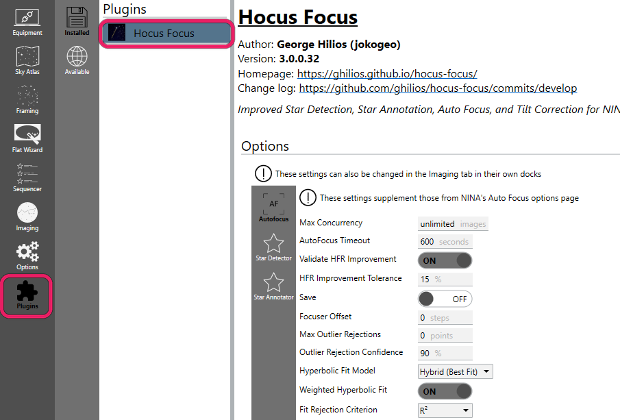 The Hocus Focus entry under Options then Plugins in NINA, with its Auto Focus, Star Detector, and Star Annotator settings tabs