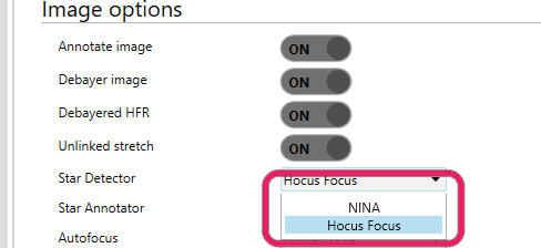 Selecting Hocus Focus as the Star Detector in Options, Imaging, Image Options