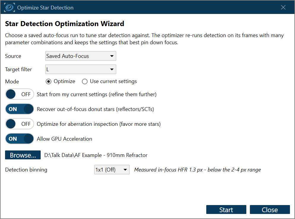 The optimization wizard start page with the saved-run source picker, mode, and objective toggles
