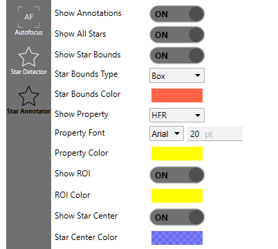 The Star Annotator display options: show toggles, bounds type, property selector, fonts, and colors