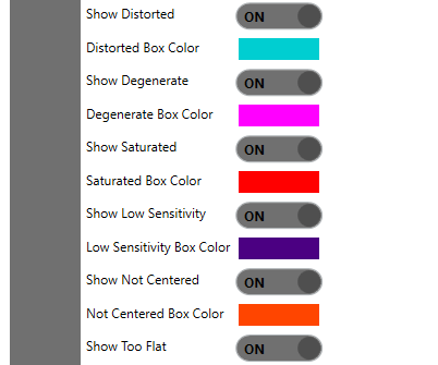 The Star Annotator rejection-diagnostic toggles and per-reason box colors
