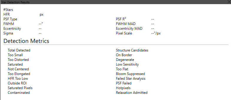 The Star Detection Results dock before a frame is analyzed, listing PSF metrics and per-reason detection counts