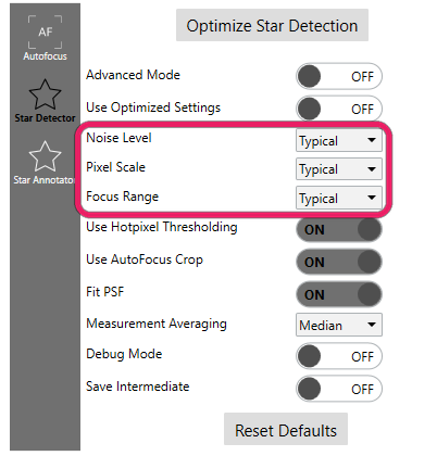 The Star Detector tab in Simple mode showing the Noise Level, Pixel Scale, and Focus Range preset dropdowns