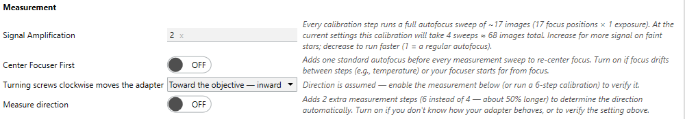 The Tilt Adapter Wizard's Measurement section: Signal Amplification, Center Focuser First, the adapter-direction selector, and Measure direction